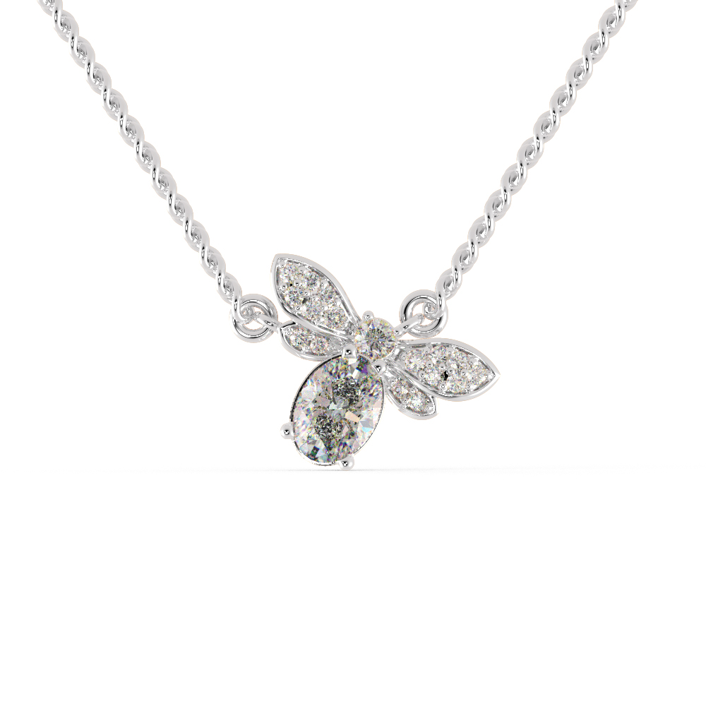 Butterfly Necklace in 925 Sterling Silver in 0.17 Cts CZ Diamond & 0.66 Cts Oval Shape CZ Solitaire Diamond Pendant With Gold Plated Chain 
