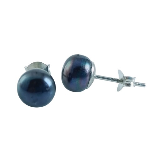 8MM Dark Blue Pearl Stud Earrings in 925 Sterling Silver for Women & Men