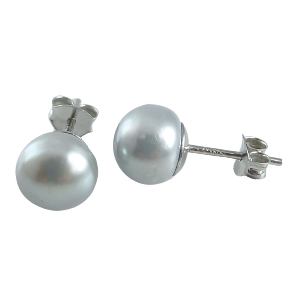8MM Gray Pearl Stud Earrings in 925 Sterling Silver for Women & Men